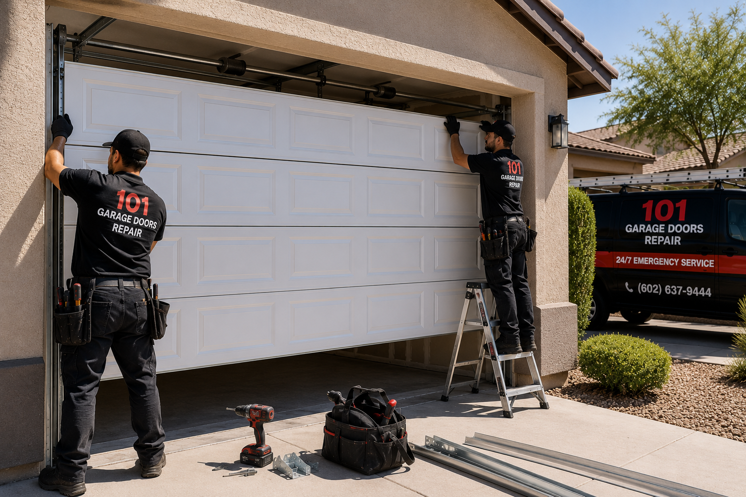Two 101 Garage Doors Repair technicians installing a new garage door on a Phoenix home.