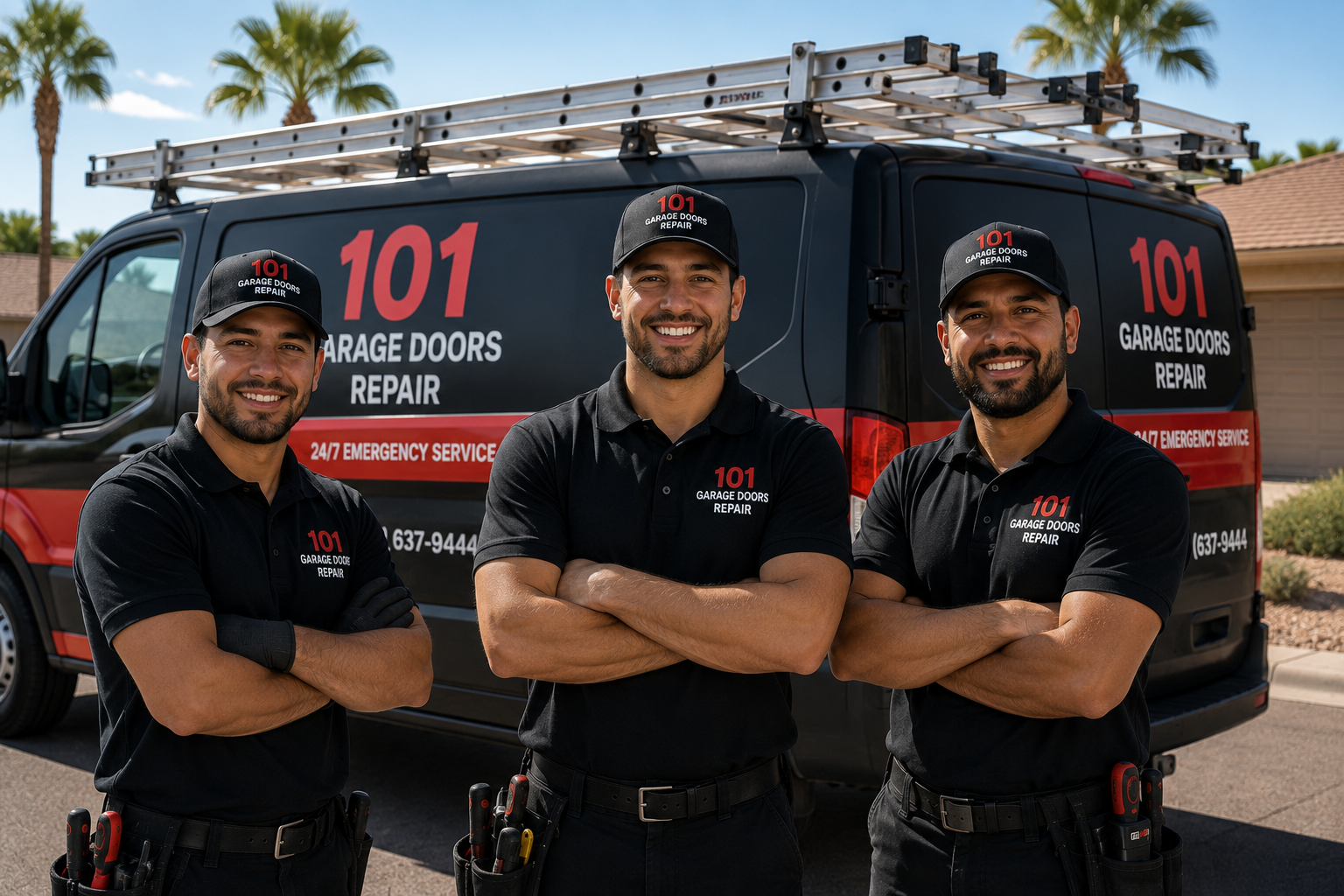 101 Garage Doors Repair technicians standing beside their service van in Phoenix, Arizona.