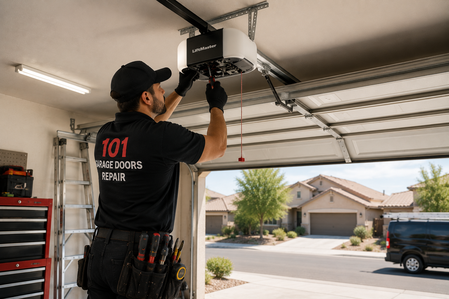 Technician troubleshooting a ceiling-mounted garage door opener that has stopped responding.