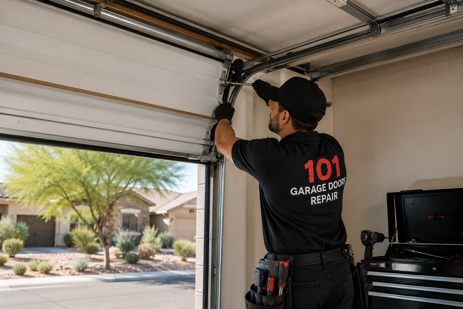 101 Garage Doors Repair technician responding to an urgent garage door repair call in Phoenix.